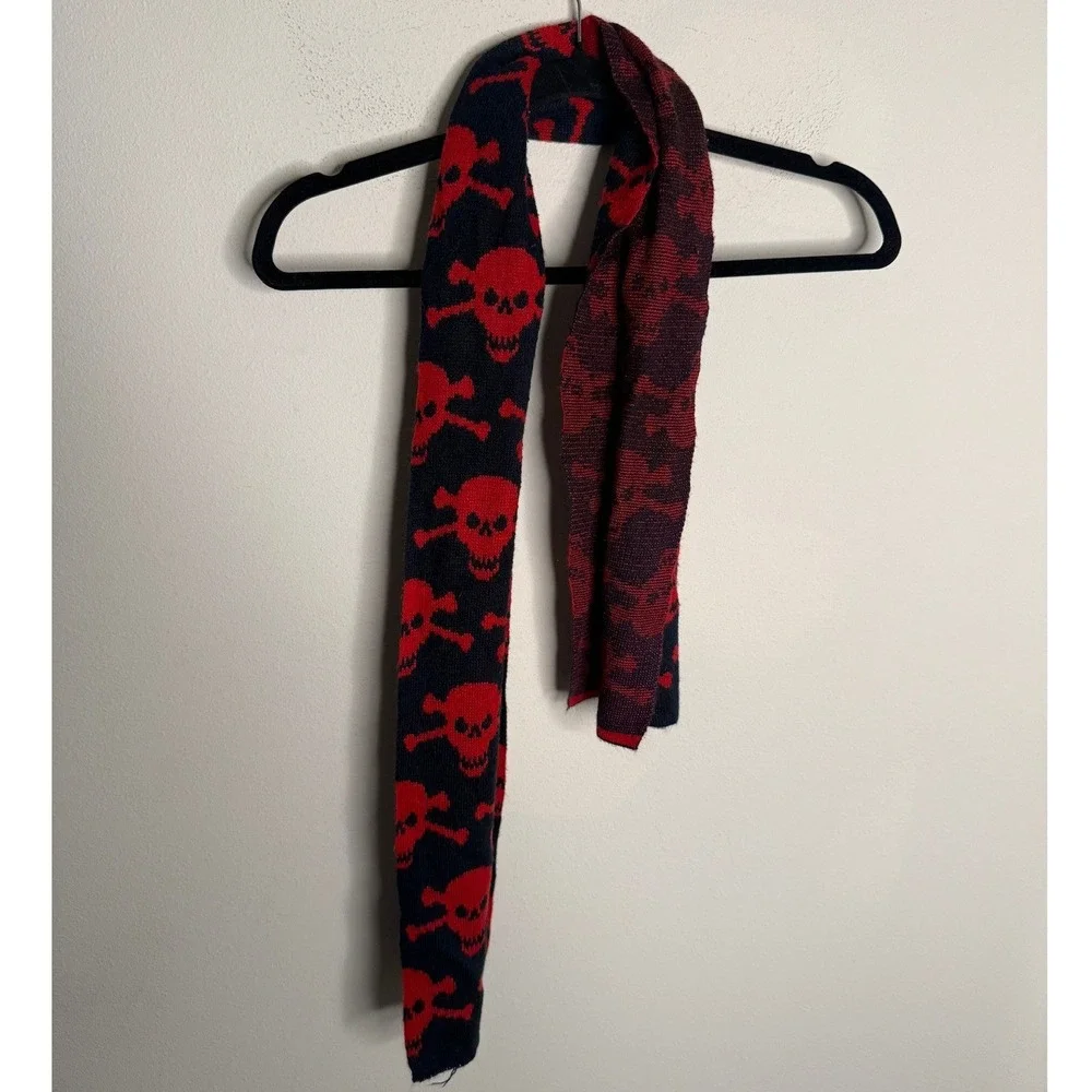 Vintage Splitfire Unisex Black Red Fire Skull Print Wool Blend Muffler Scarf Y2K